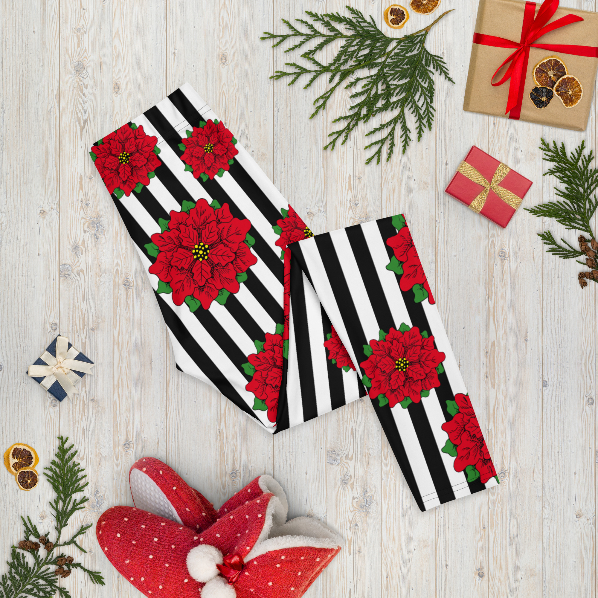 Red Christmas flower on black and white striped leggings – Xmas