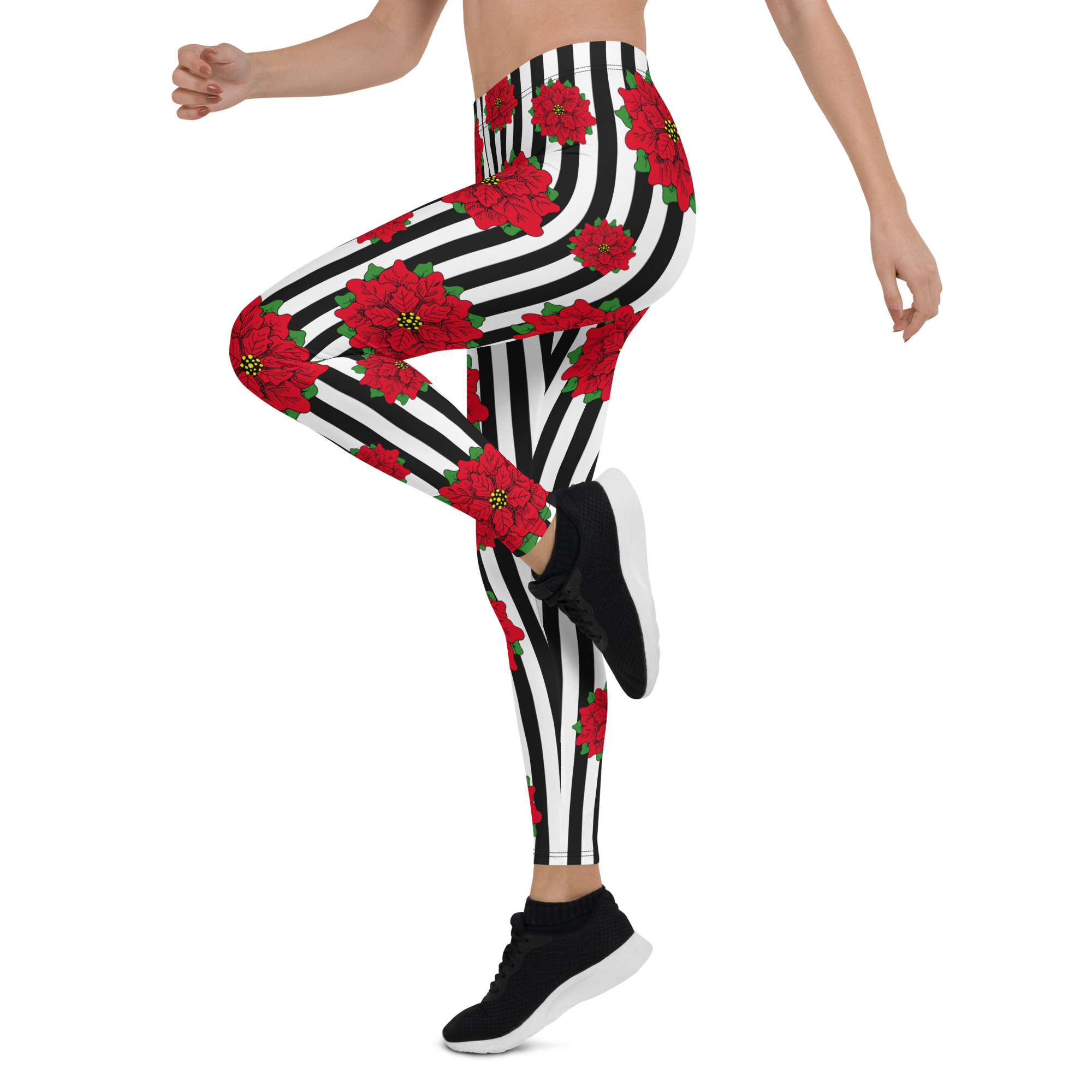 Red Christmas flower on black and white striped leggings – Xmas
